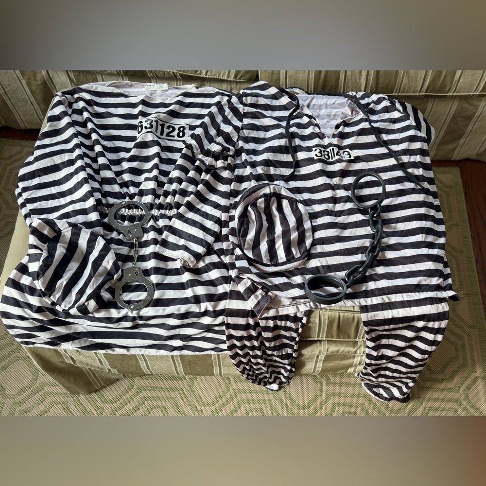 His/Hers Black and White Striped Prison Costume Set with Handcuffs